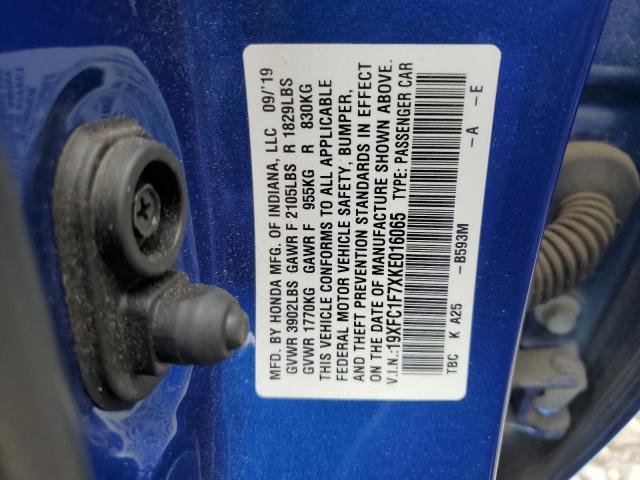 19XFC1F7XKE016065 - 2019 HONDA CIVIC EXL Mavi foto 12