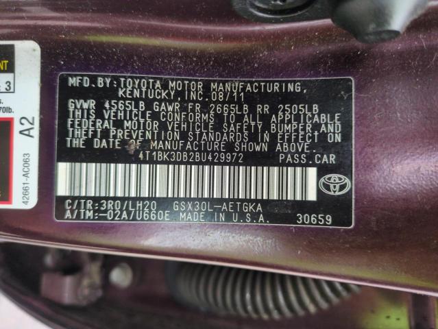 4T1BK3DB2BU429972 - 2011 TOYOTA AVALON BASE MAROON photo 12