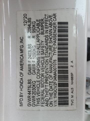 1HGCV2F34MA007076 - 2021 HONDA ACCORD SPORT თეთრი ფოტო 12