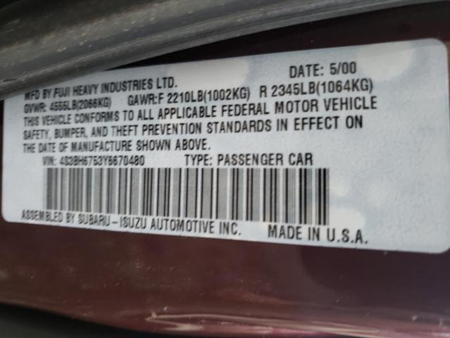 4S3BH6753Y6670480 - 2000 SUBARU LEGACY OUTBACK AWP 栗色 照片 10