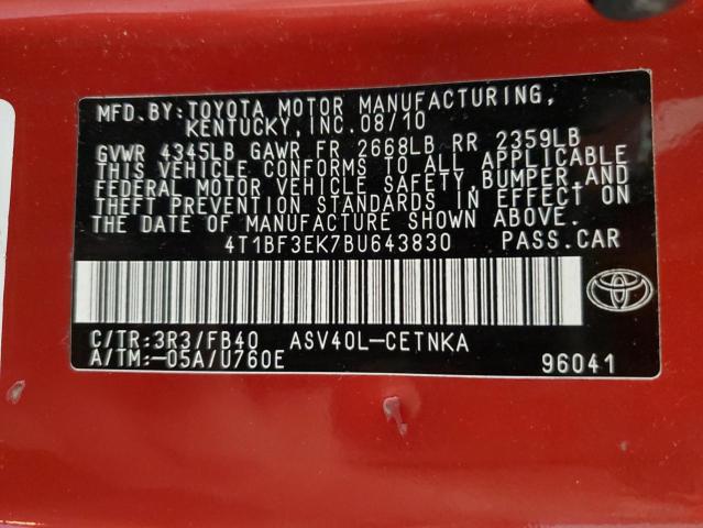 4T1BF3EK7BU643830 - 2011 TOYOTA CAMRY BASE Qırmızı foto 12