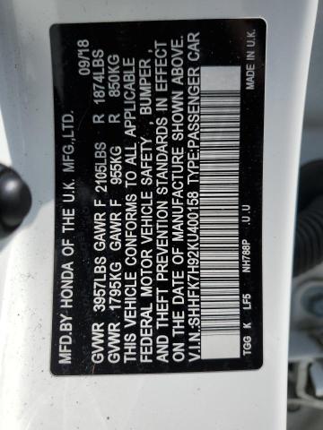 SHHFK7H92KU400158 - 2019 HONDA CIVIC SPORT TOURING WHITE photo 12