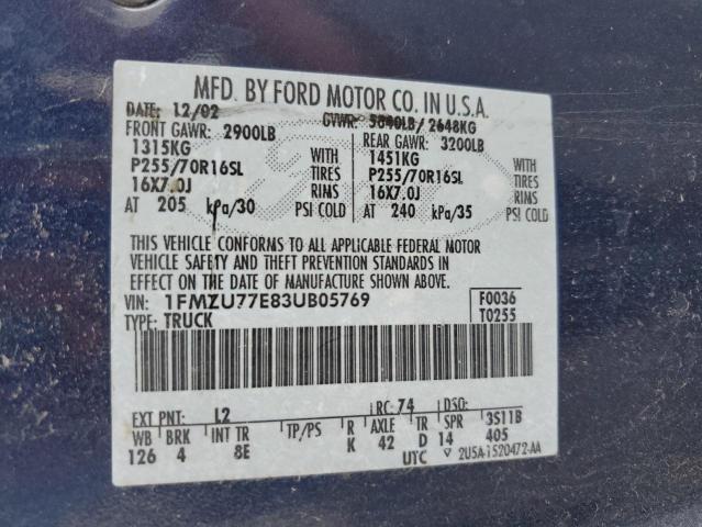 1FMZU77E83UB05769 - 2003 FORD EXPLORER S BLUE photo 12