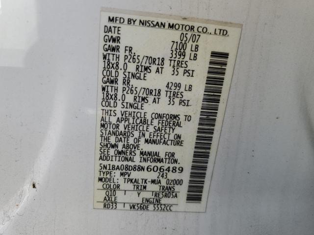 5N1BA08D88N606489 - 2008 NISSAN ARMADA SE WHITE photo 13