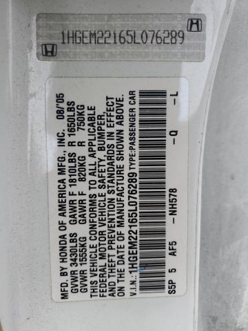 1HGEM22165L076289 - 2005 HONDA CIVIC DX VP Սպիտակ լուսանկար 12