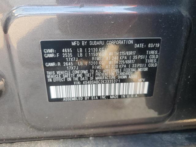 4S4BSABC2K3335371 - 2019 SUBARU OUTBACK 2.5I GRAY photo 12