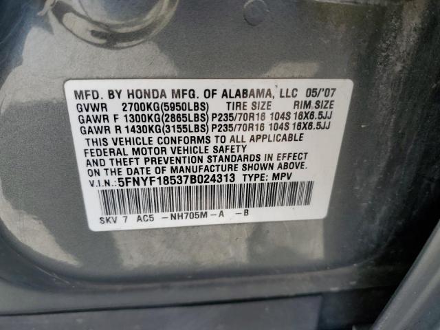 5FNYF18537B024313 - 2007 HONDA PILOT EXL GRAY photo 13