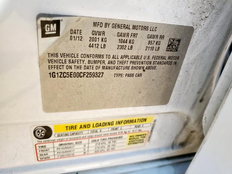 1G1ZC5E00CF259327 - 2012 CHEVROLET MALIBU 1LT WHITE photo 12