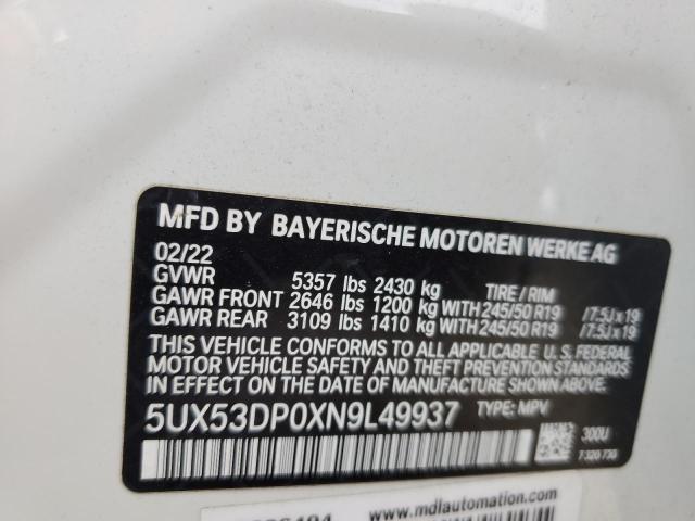 5UX53DP0XN9L49937 - 2022 BMW X3 XDRIVE30I WHITE photo 13