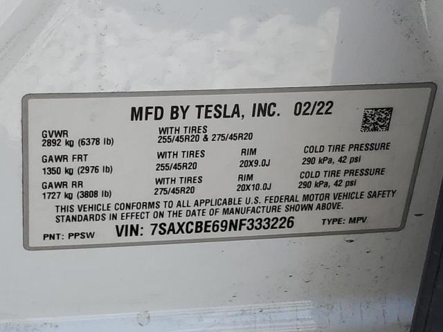 7SAXCBE69NF333226 - 2022 TESLA MODEL X 白色 照片 14