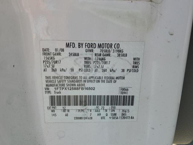 1FTPX12588FB16502 - 2008 FORD F-150 WHITE photo 12