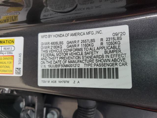 19UUB5F50MA001212 - 2021 ACURA TLX TECH A GRAY photo 12
