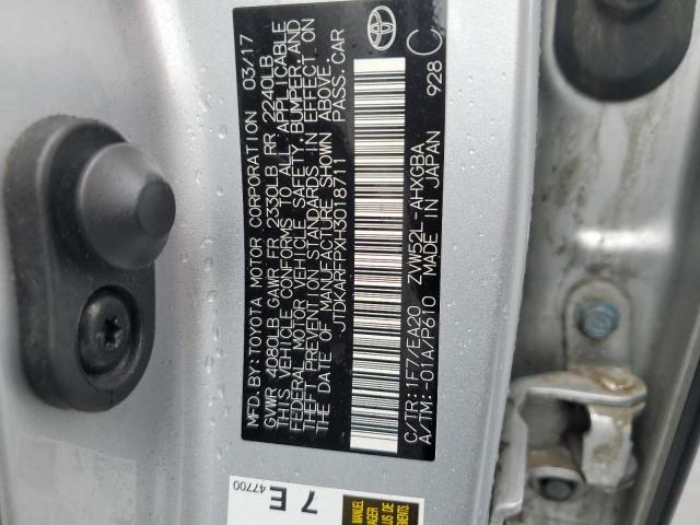JTDKARFPXH3018711 - 2017 TOYOTA PRIUS PRIM ვერცხლისფერი ფოტო 12