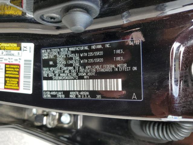 5TDEBRCH5NS094712 - 2022 TOYOTA HIGHLANDER HYBRID PLATINUM BLACK photo 12