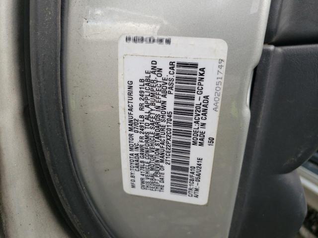 2T1CE22PX2C017045 - 2002 TOYOTA CAMRY SOLA SE SILVER photo 12