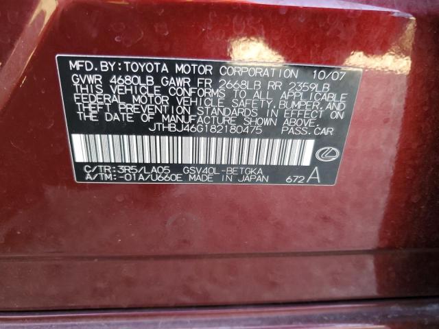 JTHBJ46G182180475 - 2008 LEXUS ES 350 BURGUNDY photo 12