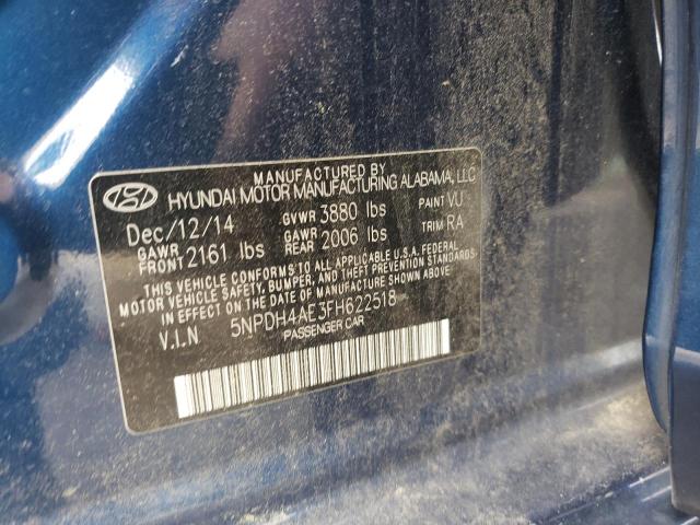 5NPDH4AE3FH622518 - 2015 HYUNDAI ELANTRAGLS SE BLUE photo 12