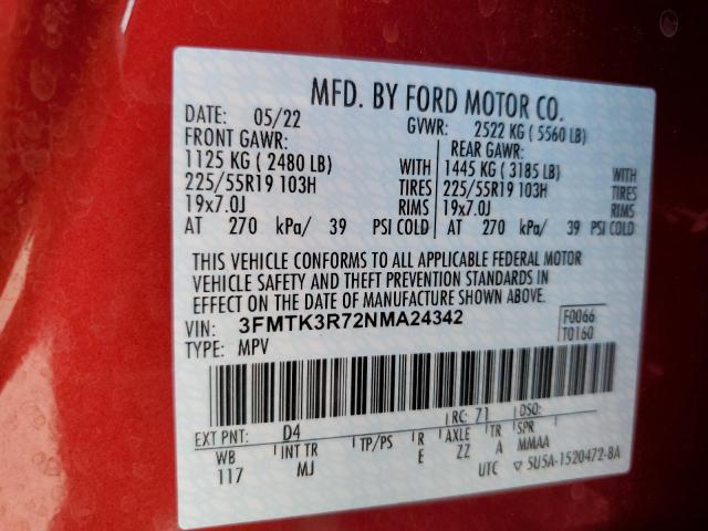 3FMTK3R72NMA24342 - 2022 FORD MUSTANG MA PREMIUM RED photo 12