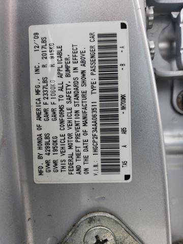 1HGCP2F34AA063511 - 2010 HONDA ACCORD LX SILVER photo 12