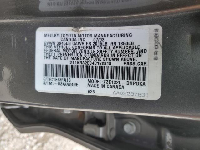 2T1KR32E84C192918 - 2004 TOYOTA COROLLA MA XR GRAY photo 12