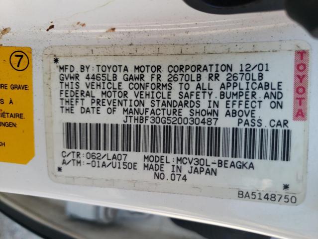 JTHBF30G520030487 - 2002 LEXUS ES 300 WHITE photo 13