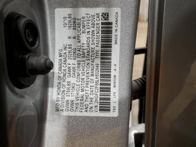 2HGFC2F66LH502649 - 2020 HONDA CIVIC LX SILVER photo 12