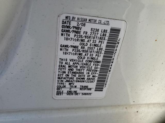 JN8AZ18W49W122397 - 2009 NISSAN MURANO S WHITE photo 12