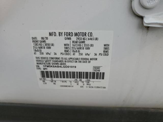 1FM5K8AB4LGD01019 - 2020 FORD EXPLORER POLICE INTERCEPTOR WHITE photo 12