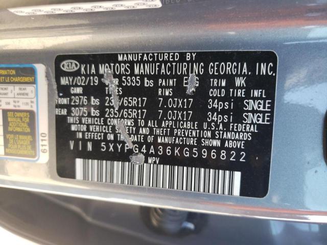 5XYPG4A36KG596822 - 2019 KIA SORENTO L GRAY photo 10