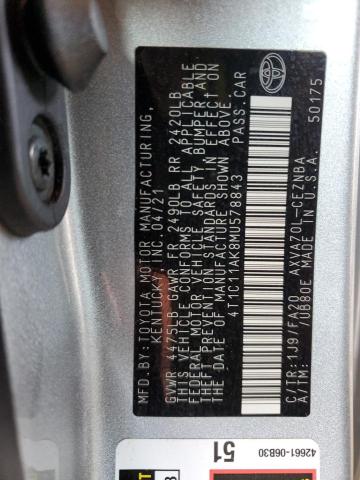 4T1C11AK8MU578843 - 2021 TOYOTA CAMRY LE SILVER photo 13