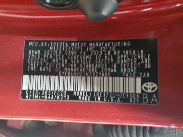 5YFBURHE1KP921685 - 2019 TOYOTA COROLLA L RED photo 12