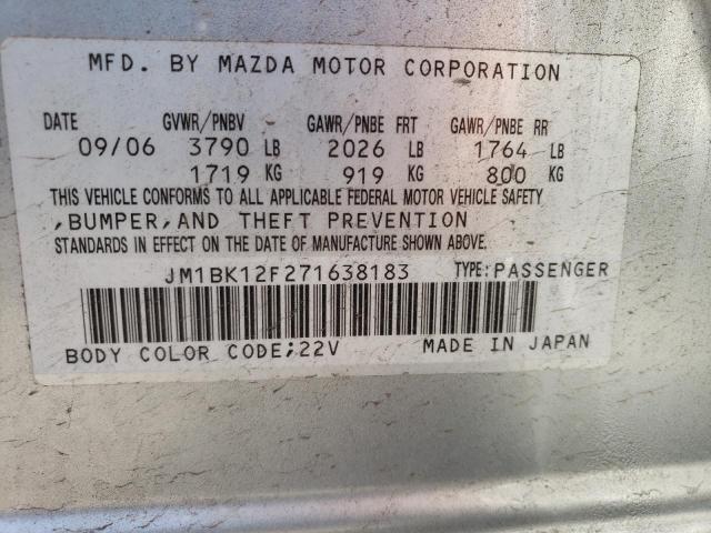 JM1BK12F271638183 - 2007 MAZDA 3 I SILVER photo 12