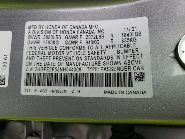2HGFE2F58NH544308 - 2022 HONDA CIVIC SPORT 银色 照片 10