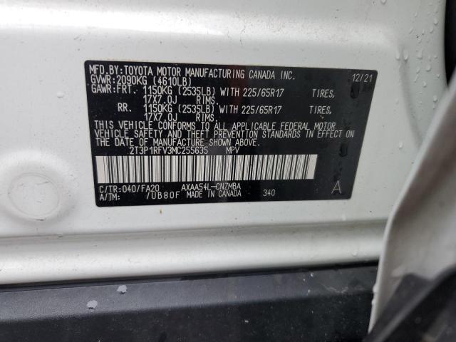 2T3P1RFV3MC255635 - 2021 TOYOTA RAV4 XLE WHITE photo 12