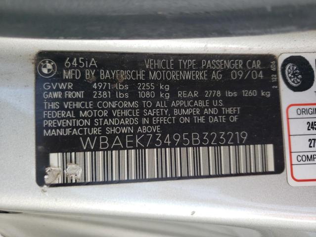 WBAEK73495B323219 - 2005 BMW 645 CI AUTOMATIC SILVER photo 12