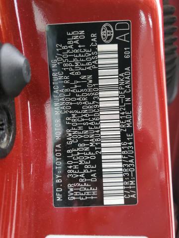 2T1BU4EE6DC973601 - 2013 TOYOTA COROLLA BASE RED photo 12