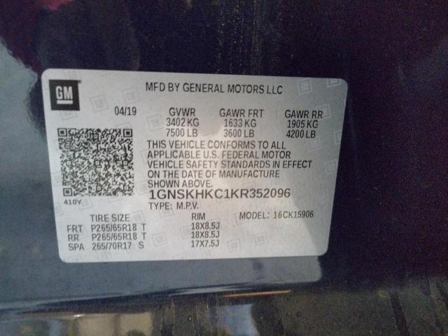 1GNSKHKC1KR352096 - 2019 CHEVROLET SUBURBAN K1500 LT CHARCOAL photo 12