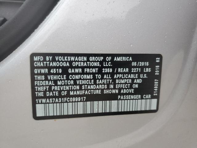 1VWAS7A31FC099917 - 2015 VOLKSWAGEN PASSAT S GRAY photo 12