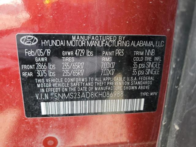 5NMS23AD8KH086988 - 2019 HYUNDAI SANTA FE SE RED photo 13