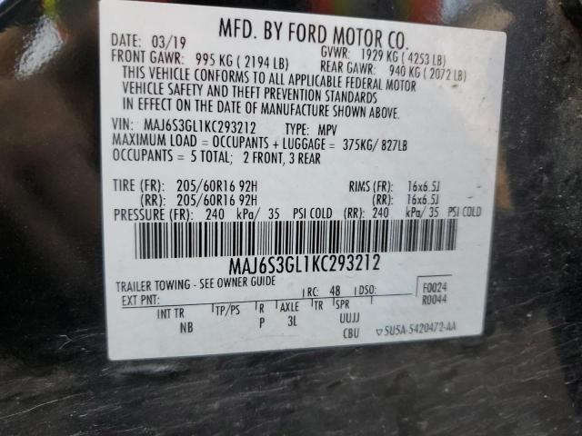 MAJ6S3GL1KC293212 - 2019 FORD ECOSPORT SE BLACK photo 13