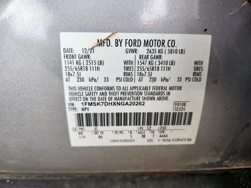 1FMSK7DHXNGA20262 - 2022 FORD EXPLORER XLT Gümüş foto 14