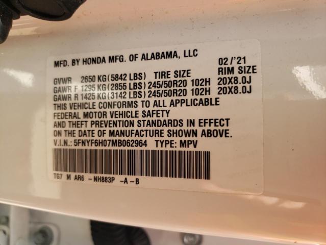 5FNYF6H07MB062964 - 2021 HONDA PILOT ELITE WHITE photo 13