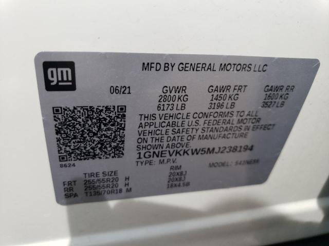 1GNEVKKW5MJ238194 - 2021 CHEVROLET TRAVERSE PREMIER WHITE photo 12