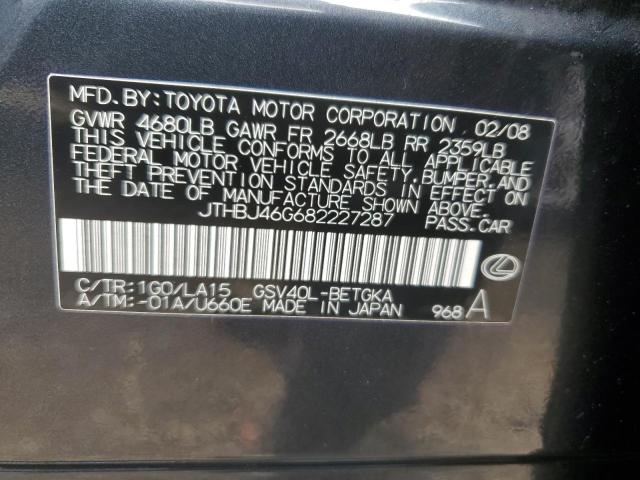 JTHBJ46G682227287 - 2008 LEXUS ES 350 GRAY photo 12