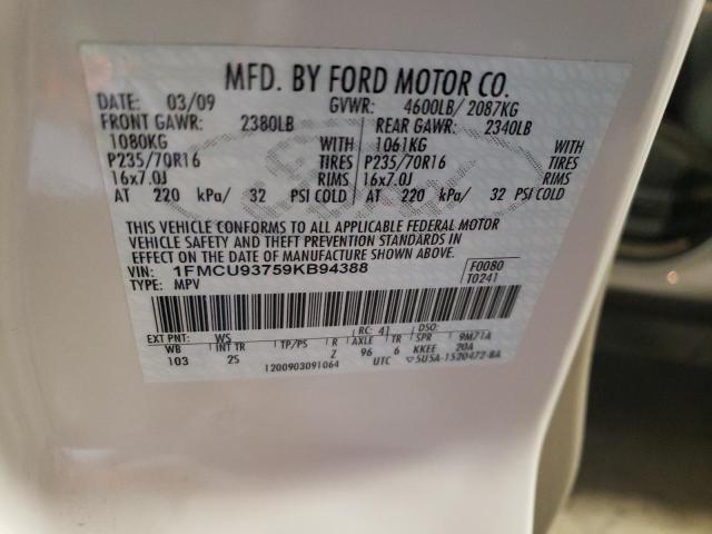 1FMCU93759KB94388 - 2009 FORD ESCAPE XLT WHITE photo 12