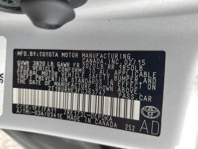 2T1BURHE3FC363747 - 2015 TOYOTA COROLLA L SILVER photo 12