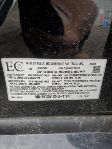 5YJSA1E24LF411977 - 2020 TESLA MODEL S BLACK photo 13