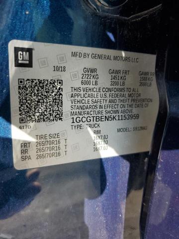 1GCGTBEN5K1153959 - 2019 CHEVROLET COLORADO BLUE photo 12