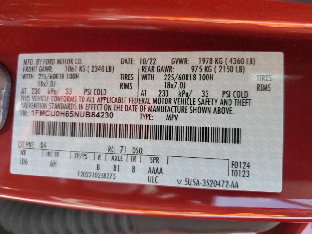 1FMCU0H65NUB84230 - 2022 FORD ESCAPE SEL RED photo 14