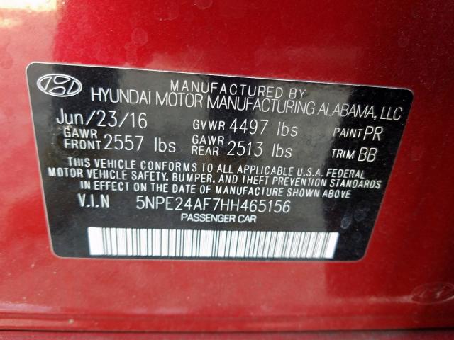 5NPE24AF7HH465156 - 2017 HYUNDAI SONATA SE RED photo 10